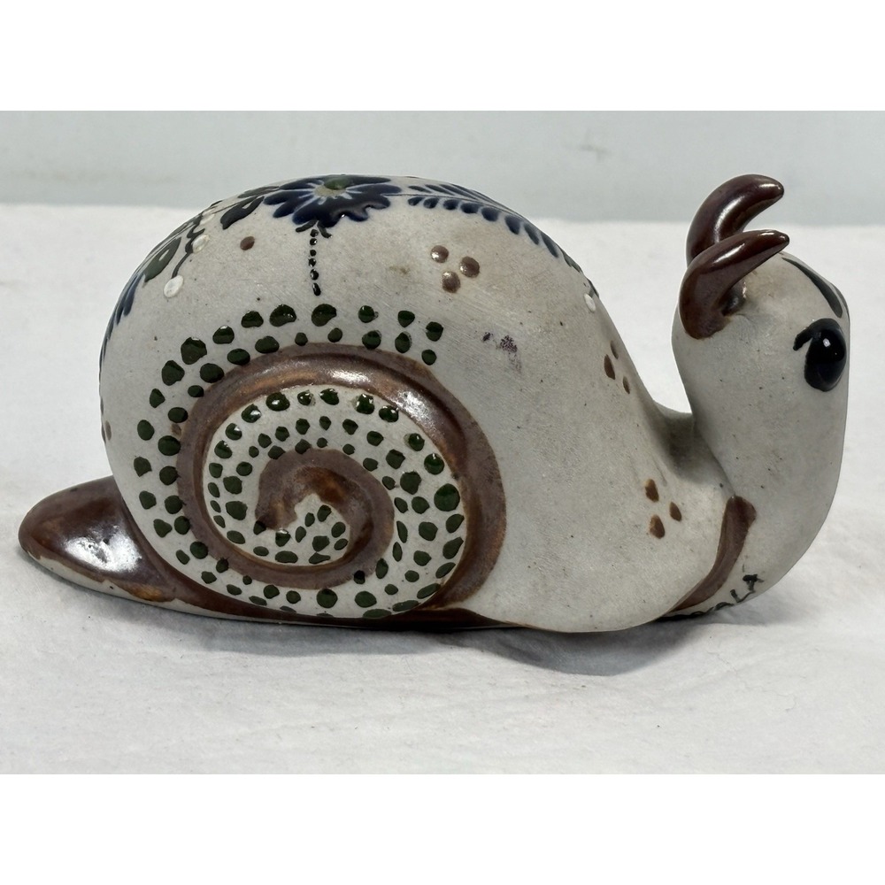 Tonala Mexican Pottery Snail Hand Painted Signed Folk Art Stoneware READ 5"x3.5"